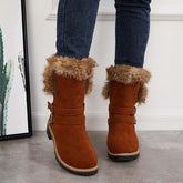 Warm Fur Mid Calf Snow Boots Block Heel Furry Winter Booties Oshnow